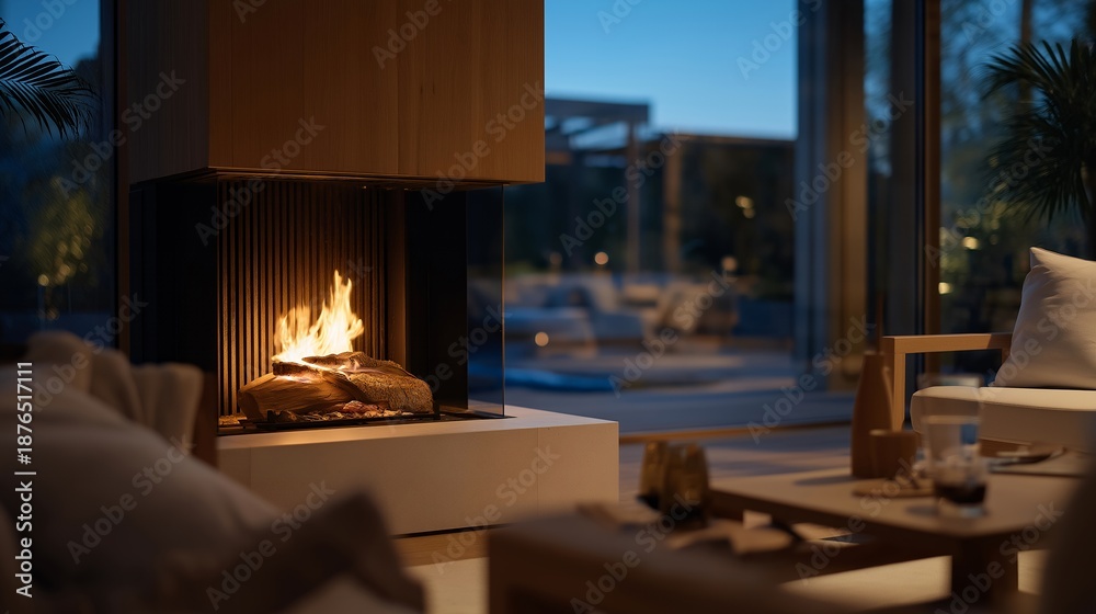 Fototapeta premium Stylish modern fireplace glowing softly in an open living area, understated decor highlighting warmth, clarity, and contemporary domestic comfort. cinematic color correction, natural uneven