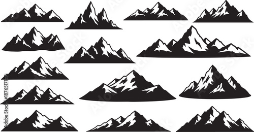 Sketch, hand drawn mountain peaks set collection