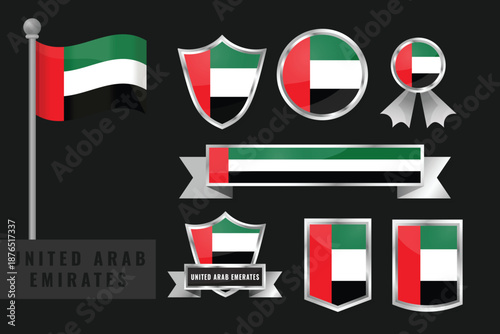United Arab Emirates flag set. Collection of United Arab Emirates national emblems. Flat design of flags collection