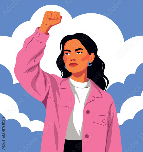 Vector illustration of a determined, confident woman raising her fist against backdrop of sky. Strength, empowerment, activism, feminism. For social campaigns, Women's Day, March 8, social media
