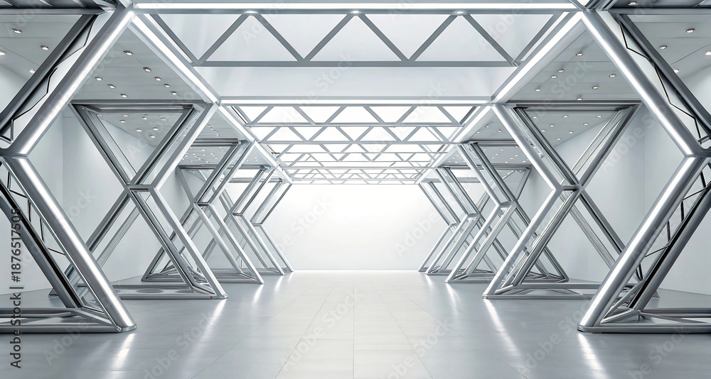 Obraz premium Futuristic Empty Corridor with Modern Geometric Metal Structure