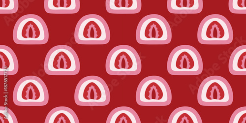 Seamless Valentine’s Day pattern with stylized strawberry mochi in heart shapes on red background. Sweet romantic texture for wrapping paper, cards, textiles, packaging and web banners.