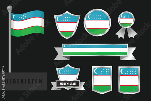 Uzbekistan flag set. Collection of Uzbekistan national emblems. Flat design of flags collection
