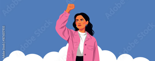 Vector banner of a determined, confident woman raising her fist against backdrop sky. Strength, empowerment, activism, feminism. For social campaigns, Women's Day, March 8, social media