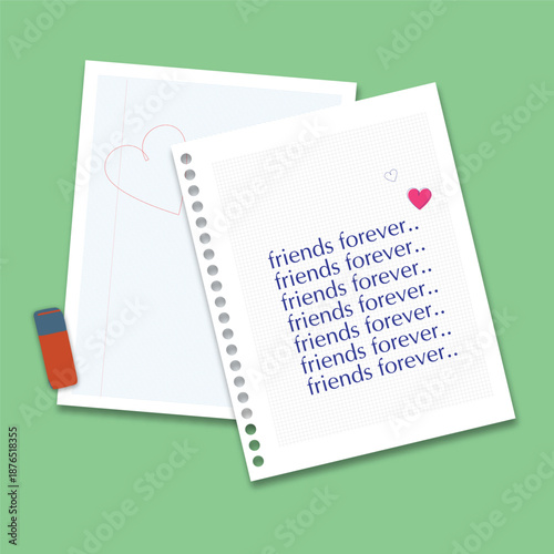 Friends Forever message on notebook paper with heart drawings, an eraser, and a partially erased heart, symbolizing enduring friendship and cherished memories, vector illustration