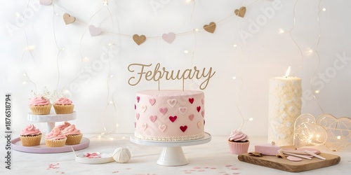 Romantic birthday setup, pastel pink cake, heart accents, warm lighting, “FEBRUARY” written in soft cursive typography, minimal props, studio background