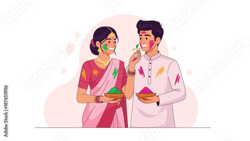 A charming flat design illustration featuring a young couple with colorful gulal on their faces, symbolizing love and togetherness during the Holi festival.