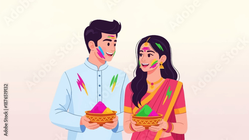 A charming flat design illustration featuring a young couple with colorful gulal on their faces, symbolizing love and togetherness during the Holi festival.