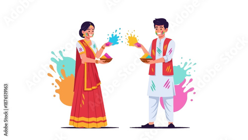 A charming flat design illustration featuring a young couple with colorful gulal on their faces, symbolizing love and togetherness during the Holi festival.