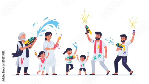 A heartwarming flat design illustration showcasing an Indian family from multiple generations celebrating Holi with vibrant colors and water. 