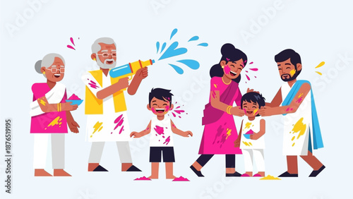 A heartwarming flat design illustration showcasing an Indian family from multiple generations celebrating Holi with vibrant colors and water. 