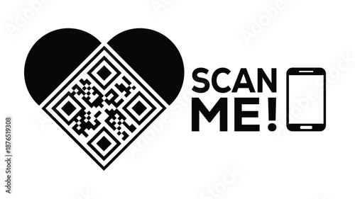 Bold monochrome vector design: Heart-shaped QR code beside smartphone, "SCAN ME!" text, and refresh arrow loop. Ideal for apps, events, NFTs, loyalty programs. Clean, modern, scalable for digital.