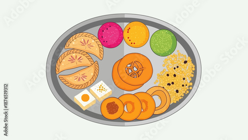A delightful flat design illustration showcasing a traditional Indian thali laden with colorful sweets and snacks enjoyed during Holi. 