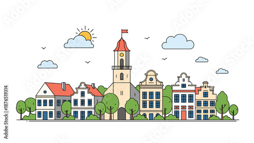 Charming European town skyline illustration with colorful historic buildings, a church tower, and green trees under a sunny sky with clouds.