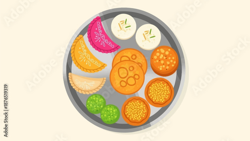 A delightful flat design illustration showcasing a traditional Indian thali laden with colorful sweets and snacks enjoyed during Holi. 