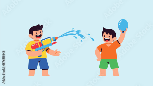 A playful flat design illustration depicting children enjoying the water games of Holi, with a pichkari and a water balloon.