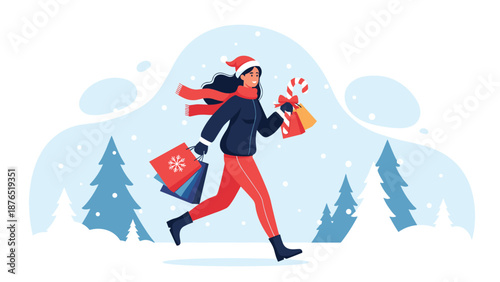Young woman in a Santa hat and scarf running through a snowy winter landscape carrying colorful shopping bags for holiday seasonal sales.