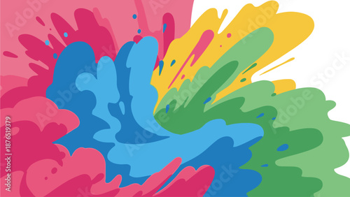 An abstract flat design illustration featuring a dynamic splash of vibrant Holi colors, evoking the energy and joy of the festival. 