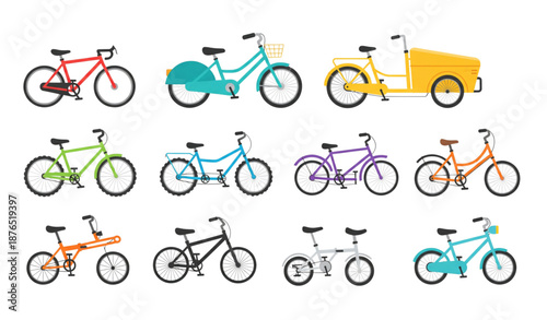 Cute bicycle icons cartoon transport flat vector collection isolated on transparent background