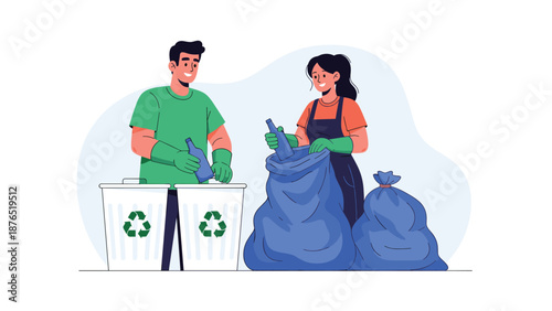 Man and woman in gloves diligently sorting glass bottles into recycling bins and bags to promote environmental sustainability and care.