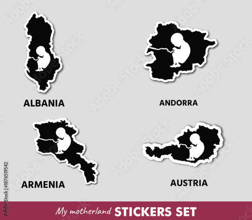 Minimal sticker set with European country maps featuring an embryo inside. A powerful symbol of birth, roots, and homeland identity.