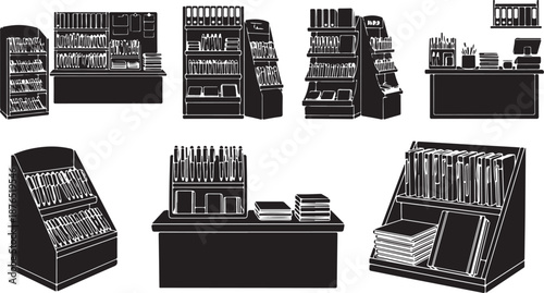 Various retail store displays and shelves in black and white