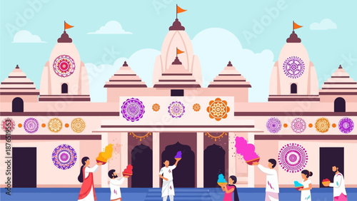 A serene flat design illustration showcasing an Indian temple facade decorated with rangoli, as people celebrate Holi in its vicinity. 