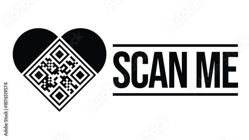 Bold monochrome vector design: Heart-shaped QR code beside smartphone, "SCAN ME!" text, and refresh arrow loop. Ideal for apps, events, NFTs, loyalty programs. Clean, modern, scalable for digital.
