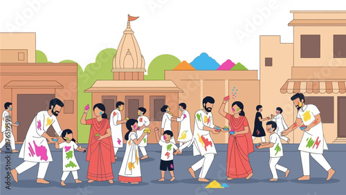 A serene flat design illustration showcasing an Indian temple facade decorated with rangoli, as people celebrate Holi in its vicinity. 