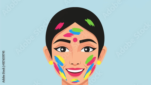 A captivating flat design illustration of an Indian woman's smiling face, beautifully adorned with multiple vibrant Holi colors. 