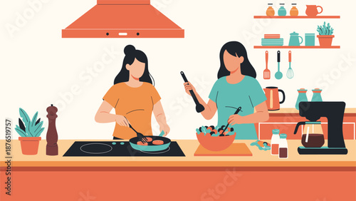 Two women working together in a well-equipped kitchen to prepare a healthy meal with fresh vegetables and coffee for a shared lunch.