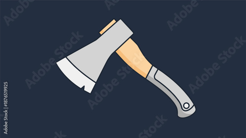 Single hand axe with a sharp metal blade and a light colored wooden handle shown at an angle against a dark navy blue background for clarity.