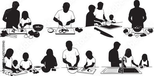 Silhouettes of parents and children cooking together at home