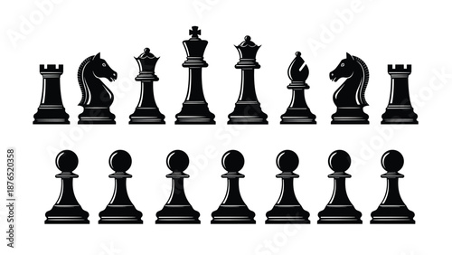 Complete set of black chess pieces including the king, queen, bishops, knights, rooks, and pawns displayed in two horizontal rows on a white background.