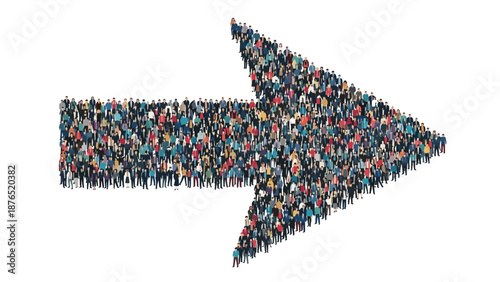 Large crowd of diverse people gathered and arranged in the shape of a right pointing arrow representing unity, direction, and collective movement.