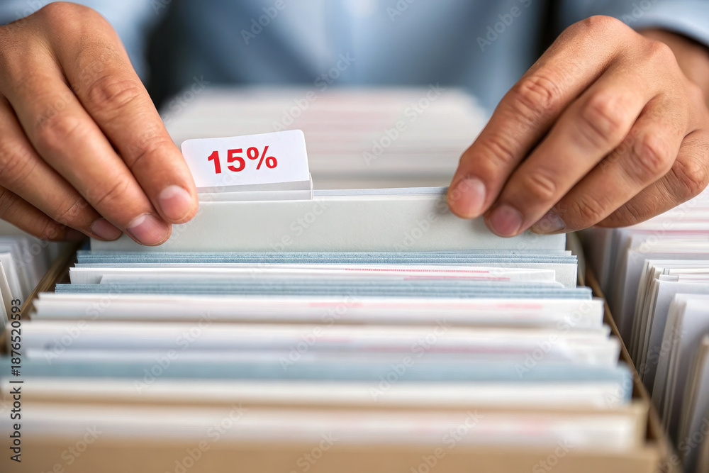 custom made wallpaper toronto digitalClose up of hands organizing paper documents in filing cabinet, focusing on folder labeled with 15 percent, representing finance, tax, or interest rate management