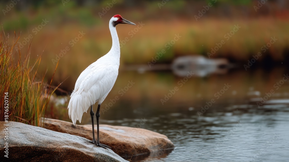 Fototapeta premium Whooping crane standing on large rock at edge of river or pond. Wildlife photography of endangered bird in its natural outdoor habitat.