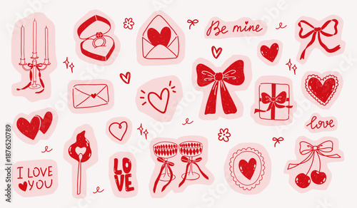 Hand draw cute romantic elements. Valentines day collection.