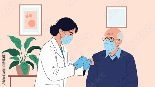 Professional female doctor wearing a mask and gloves administering a vaccine to a senior man in a medical setting for healthcare protection.