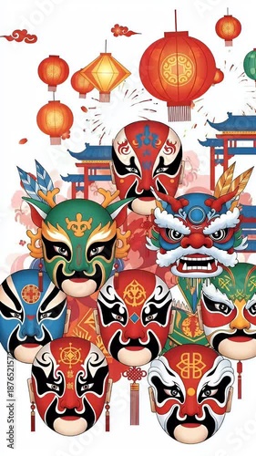 Chinese Opera Masks And Lanterns Festive Cultural Celebration Motion Graphic