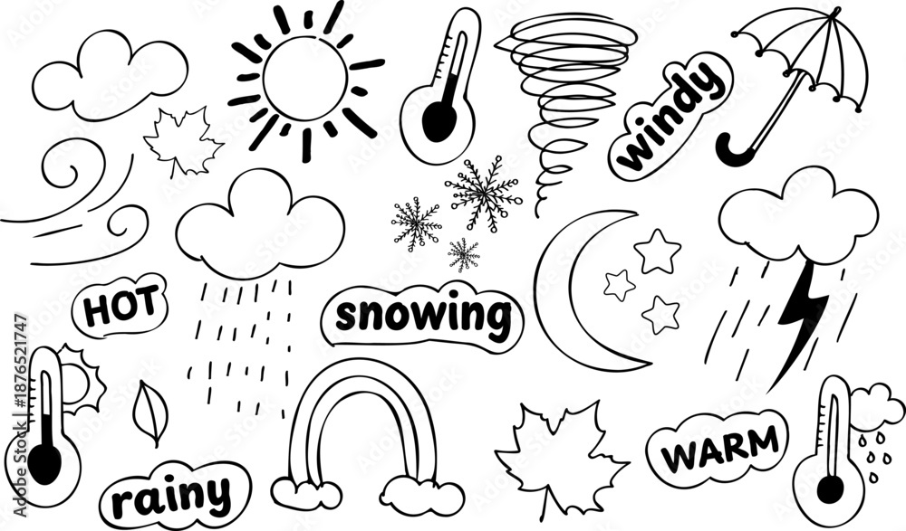 Fototapeta premium Black-and-white vector doodle set of weather icons: sun, moon and stars, clouds, rain, thundercloud, wind swirls, tornado, umbrella, rainbow, snowflakes, thermometers, leaves, and labels like 