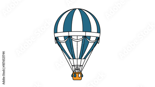 Elegant blue and white striped hot air balloon floating gracefully with a small basket for air travel and adventure themed illustrations.