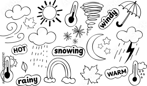 Black-and-white vector doodle set of weather icons: sun, moon and stars, clouds, rain, thundercloud, wind swirls, tornado, umbrella, rainbow, snowflakes, thermometers, leaves, and labels like "hot," "