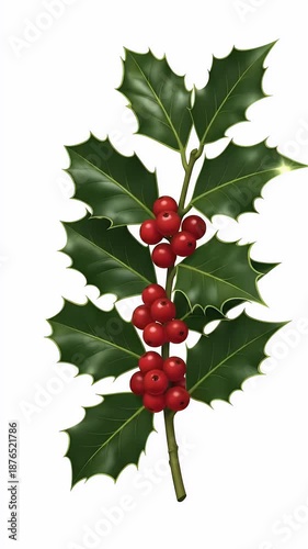 Christmas Holly Branch Red Berries Green Leaves White Background Footage