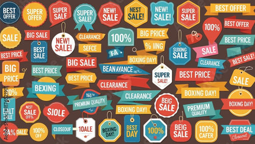 Colorful assortment of sale tags labels and promotional banners on a brown background