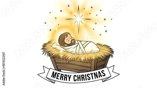 Christmas Nativity Scene Jesus in Manger with Star and Merry Christmas Banner