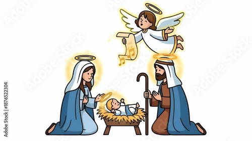 Christmas Nativity Scene with Mary Joseph Baby Jesus and Angel