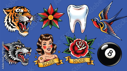 A collection of traditional tattoo designs featuring animals flowers and objects