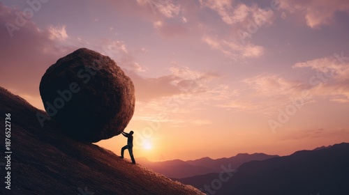 Man pushing a large boulder uphill at sunset. Concept of hard work, challenge, and overcoming difficulties. Perseverance metaphor.