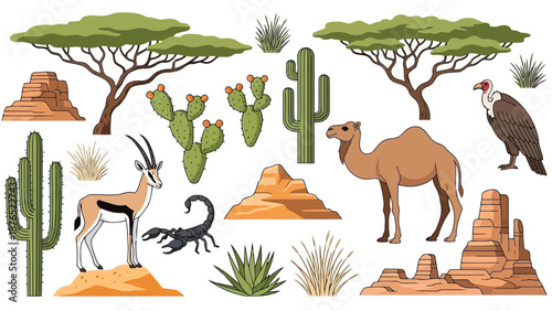 African savanna illustration featuring camels gazelles cacti and desert landscape elements